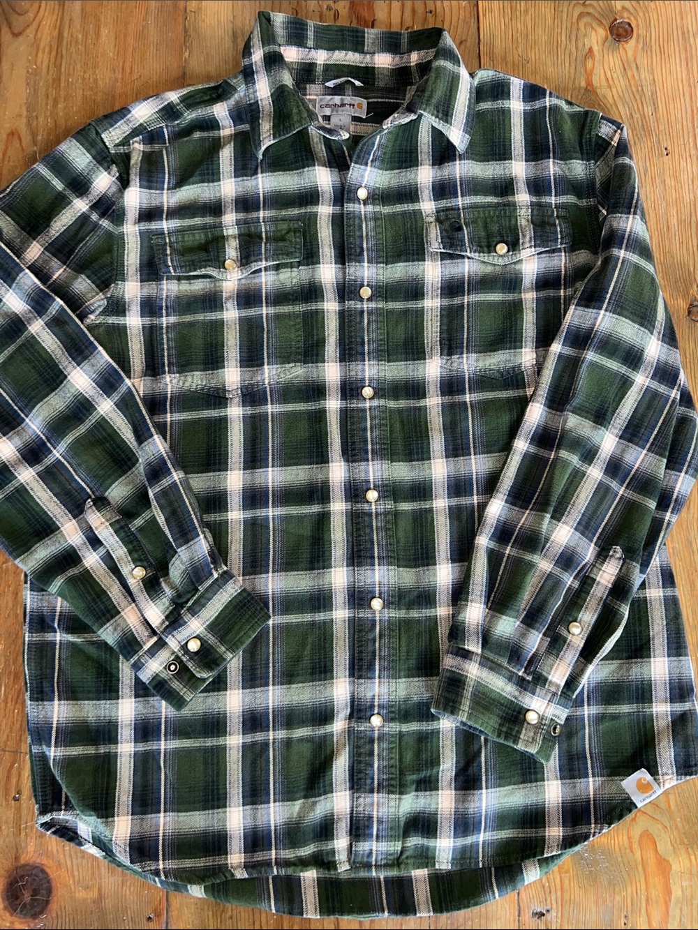 Carhartt Men’s Green Tartan Plaid Flannel Pearl Snap Shirt Jacket Sz L